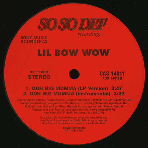 画像2: Lil Bow Wow - Bounce With Me (LP Vers/Inst/A Cappella)/Ooh Big Momma (LP Vers/Inst) 12"